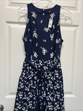 Ann Taylor Navy Floral Sleeveless Maxi Dress with Waist Tie
